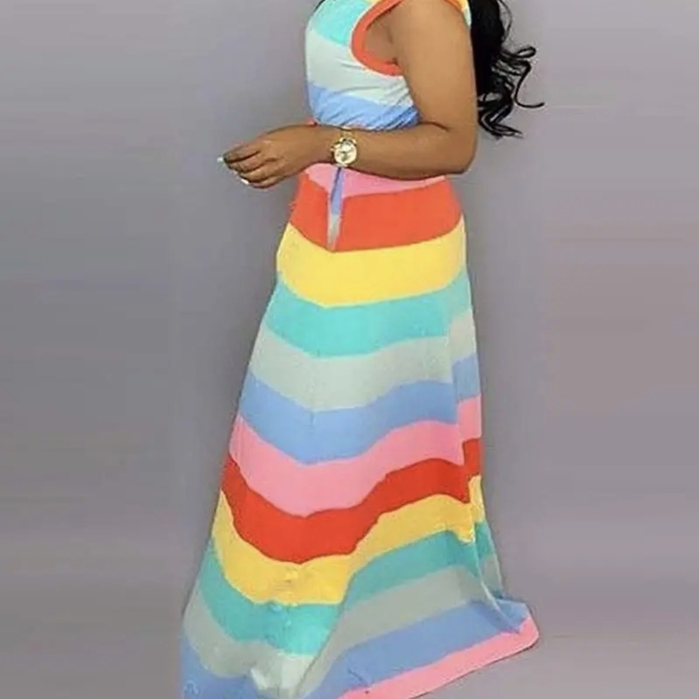 Blue and Pink Sleeveless Halter Maxi Sundress